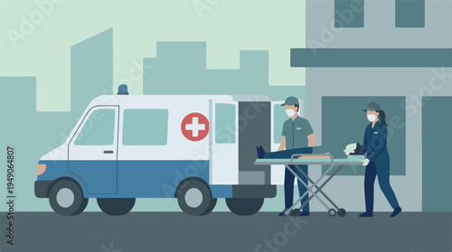 Paramedics transport a patient into an ambulance, emergency medical service