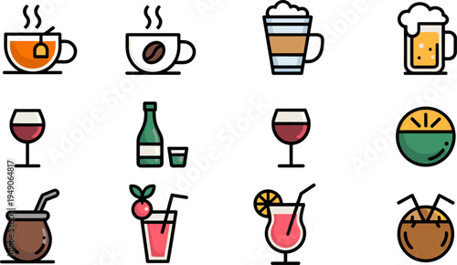 Collection of beverage drink icons including tea coffee latte beer wine cocktail juice soda and tropical drinks flat vector illustration