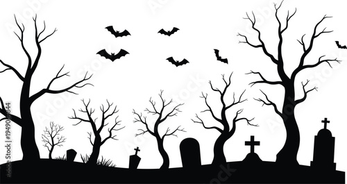 Spooky Halloween graveyard landscape silhouette with dead trees bats and tombstones isolated on light background horror cemetery vector graphic design illustration