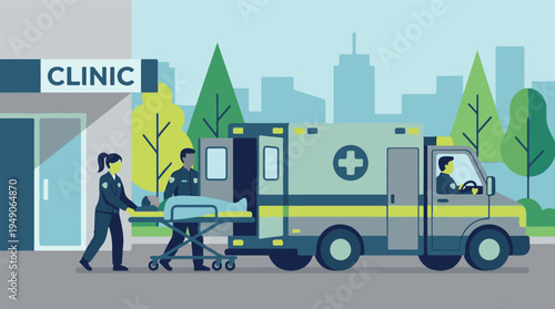 Paramedics transferring patient on stretcher to ambulance at clinic