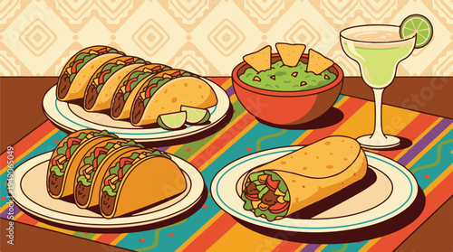 Delicious Mexican feast with tacos, burrito, guacamole, chips, and margarita