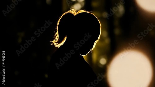Silhouette of a person with backlit hair and circular light source