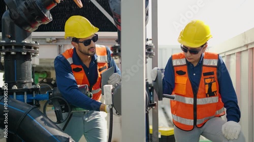 Two industrial workers in safety gear and hard hats inspecting and operating large valves on a factory cooling system. Professional male and female engineers performing maintenance on water pipes.