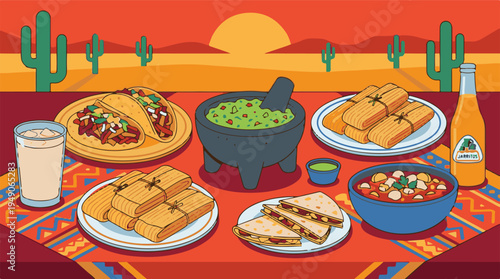 Traditional Mexican Food Spread with Tacos, Tamales, Guacamole, and Drinks