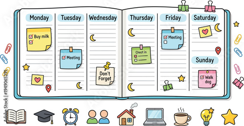 Weekly Schedule Planner with Sticky Notes and Reminders Vector