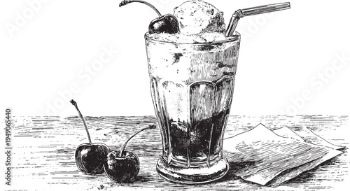 This is a vector illustration of a retro diner milkshake, served in a tall glass with a straw and a cherry on top.