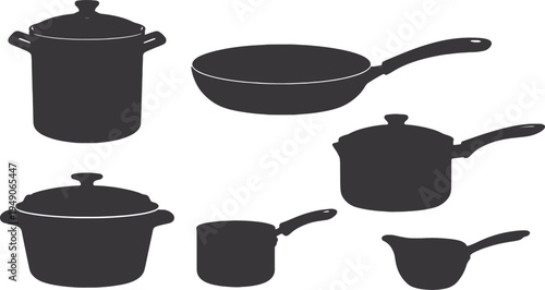 Assorted kitchen cookware set with pots and pans in black and white silhouette
