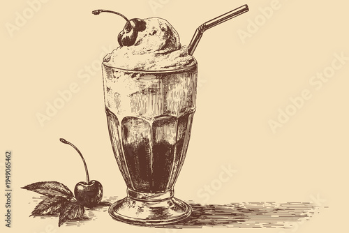 This is a vector illustration of a retro diner milkshake, served in a tall glass with a straw and a cherry on top.