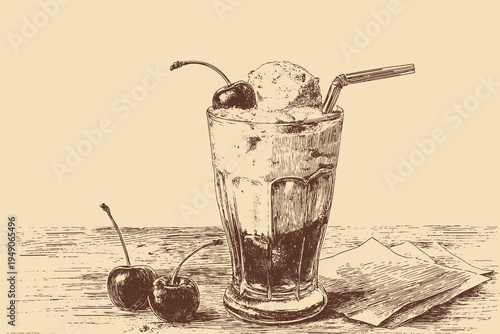 This is a vector illustration of a retro diner milkshake, served in a tall glass with a straw and a cherry on top.