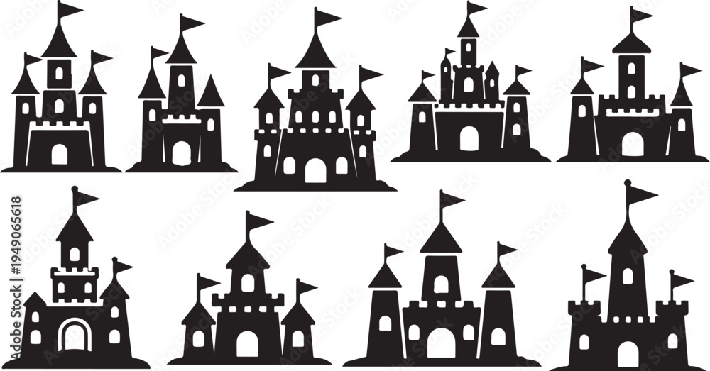 Fototapeta premium Collection of black silhouette sand castle illustrations on white