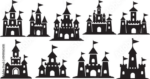 Collection of black silhouette sand castle illustrations on white