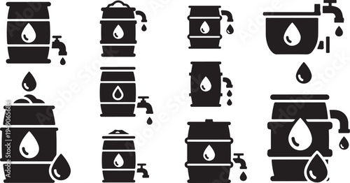 Oil drop icons on black barrels and containers illustration