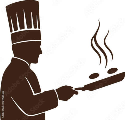 Chef skillfully flipping food on a sizzling pan with steam rising
