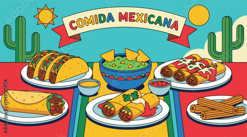 Vibrant Mexican food illustration with tacos, burritos, enchiladas, guacamole