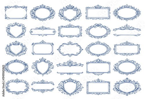 Vintage Ornamental Frames and Luxury Heraldic Borders Set, Antique Victorian Decorative Elements for Wedding Cards and Logos