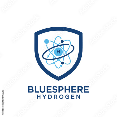 Shield icon with hydrogen atom structure and atomic orbits for energy and technology branding logo for BlueSphere Hydrogen