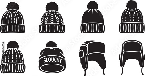 Collection of various knitted winter hats and beanies set