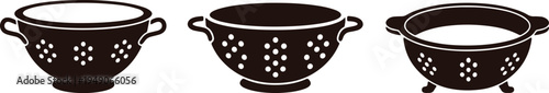 Three distinct styles of vintage strainers and colanders in black and white