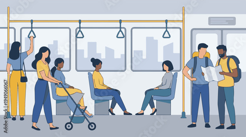 Diverse people traveling on public transport, urban subway or train car