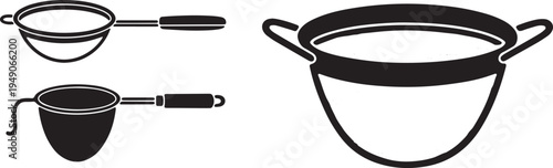 Depiction of various kitchen strainers and colanders with handles