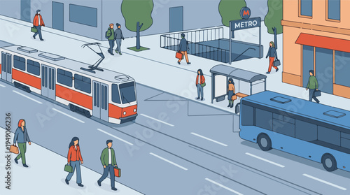 Urban public transportation scene with pedestrians and metro station