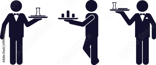 Waiters serving different trays of drinks and glasses in a formal setting