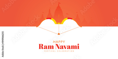 Happy Ram navami Banner Orang colour background with Rama bow and temple.