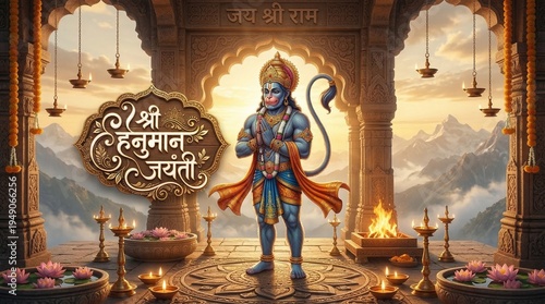 Happy Hanuman Jayanti Greeting, God Hanuman Background Design. A Hindu festival celebrated of lord hanuman birthday. English Translation - Happy Hanuman jayanti