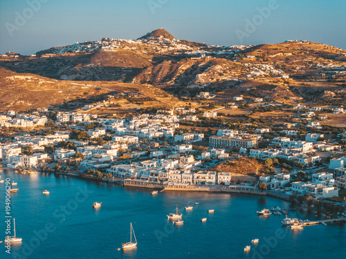 Sunrise aerial view of Adamantas on the island of Milos in the Greek Islands
