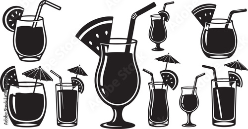 Black and white illustration of various cocktail glasses icons