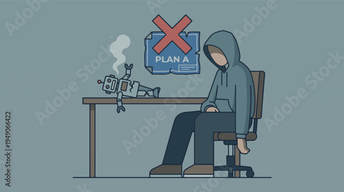 Illustration of project failure: exhausted person with broken robot and cancelled Plan A
