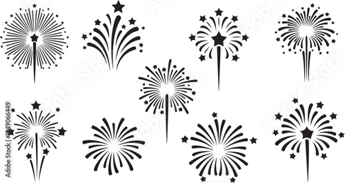 Fireworks Explosions in Black and White Silhouette Style Vector