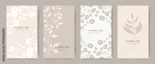 Floral cards in neutral pastel beige tones. Minimal vector illustration for banner, poster, card, social media, graphic and web design, advertising