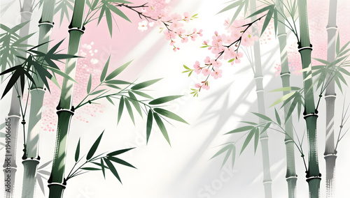 Modern Chinese ink painting of bamboo in morning light