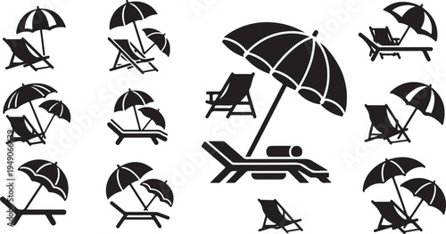 Beach chairs and umbrellas in various positions and settings