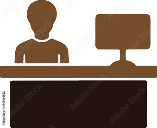 Person working at a reception desk with a computer monitor.