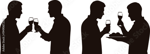 Silhouettes of men toasting and sharing a meal together in a social setting