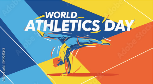World Athletics Day colorful dynamic illustration with abstract shapes and runner in motion for sports event promotion