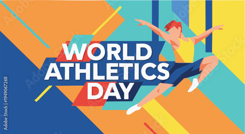 Athlete jumping in colorful geometric background for World Athletics Day in vibrant energetic lighting for sports marketing