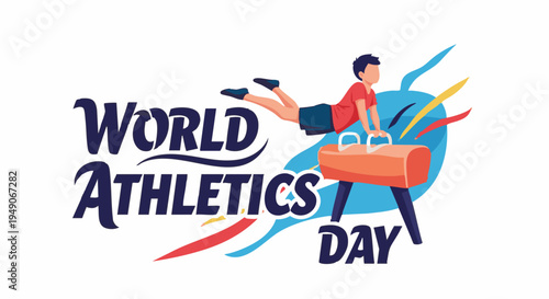 Gymnast jumping over vaulting horse in dynamic colorful illustration for World Athletics Day
