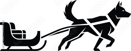 Christmas dog pulling Santa sleigh silhouette, winter holiday transport symbol, festive pet sled vector illustration isolated design