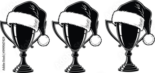 Christmas trophy cup with Santa hat illustration, holiday award symbol, festive winner prize vector icon collection isolated