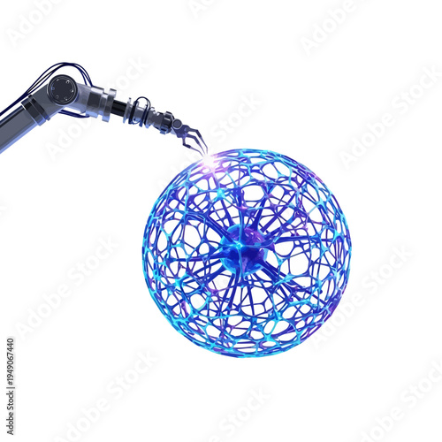 Robot arm interacting with glowing blue network sphere.