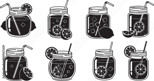 Illustration of various drinks in mason jars with straws