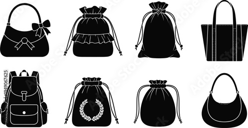 Bag icons collection, handbag backpack drawstring pouch and tote silhouettes, fashion accessories vector illustration set isolated