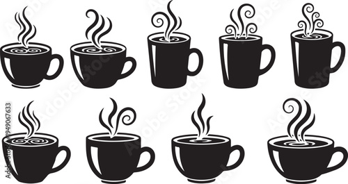 Set of steaming coffee cups in black and white