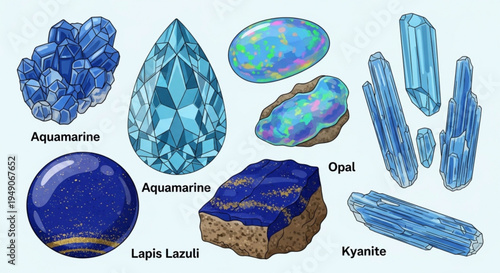 Blue gemstones and minerals including aquamarine opal lapis lazuli and kyanite on white background