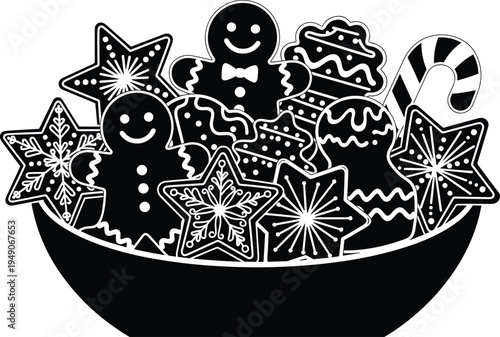 Christmas cookies bowl illustration, gingerbread man star candy holiday sweets collection, festive bakery dessert vector icon set
