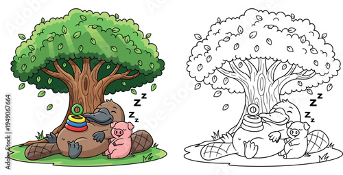 Cute cartoon platypus and little pig sleeping under a tree with a ring stack toy, funny animal friends