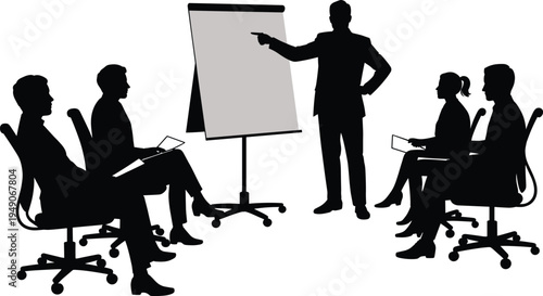 Silhouette of a businessman giving a presentation to professional colleagues in office meeting room discussing strategy growth leadership and corporate teamwork concept